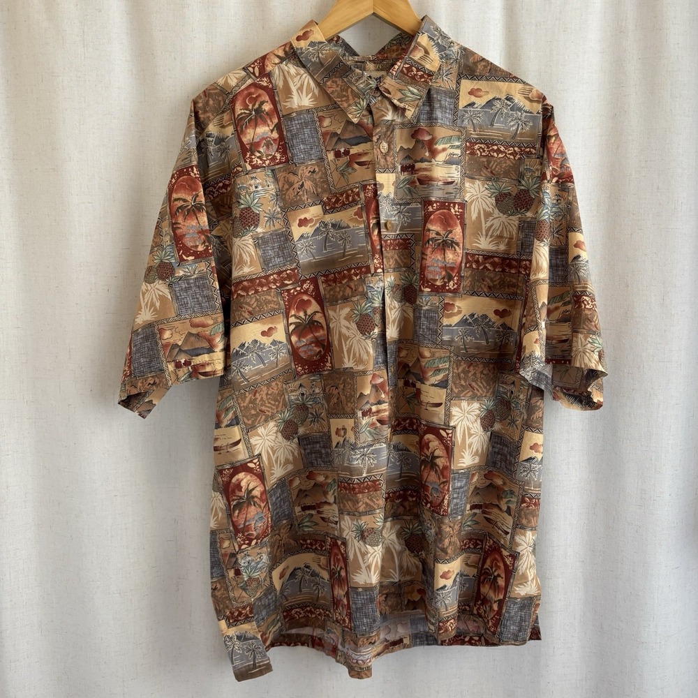 Cooke Street Hawaiian Aloha Red Brown Palm Tree Postcard Button Down Shirt XL